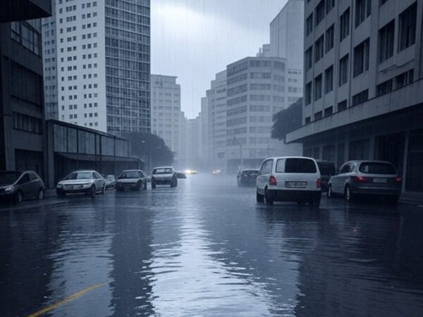 Rua alagada por chuvas intensas no Sudeste do Brasil, com risco de alagamentos, em estilo fotojornalístico.