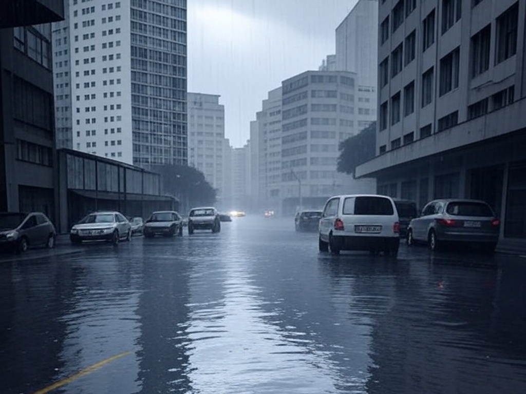 Rua alagada por chuvas intensas no Sudeste do Brasil, com risco de alagamentos, em estilo fotojornalístico.