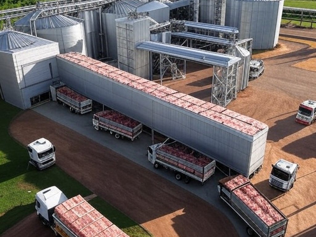 Frigorífico brasileiro com caminhões de carne bovina para exportação ao Vietnã, em paisagem rural do Brasil.