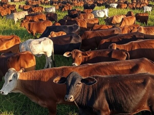 Rebanho de bovinos em fazenda no Pantanal de Mato Grosso, representando recorde de abate em 2023.