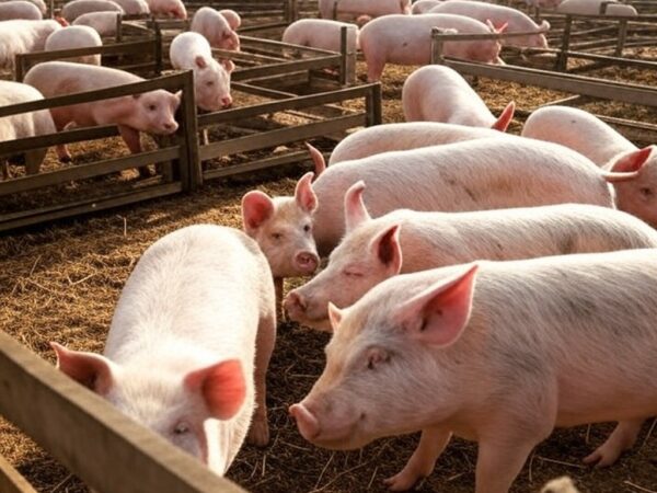 Granja de suínos no Brasil com porcos em currais, representando preços firmes e exportações recordes em 2025 segundo Cepea.