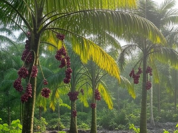 Plantação de açaí na Amazônia, declarada fruta nacional do Brasil para combater biopirataria.
