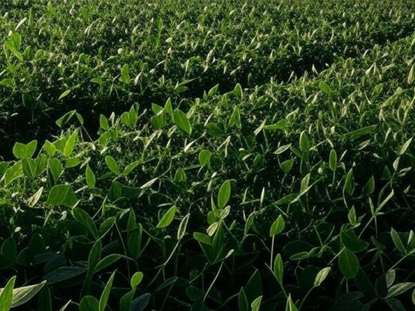 Plantação de soja com painéis solares e irrigação moderna no Brasil, representando investimento do BNDES em sustentabilidade e inovação no agronegócio.