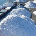 Porto brasileiro com navios descarregando fertilizantes, representando recorde de importações no Brasil em 2025.
