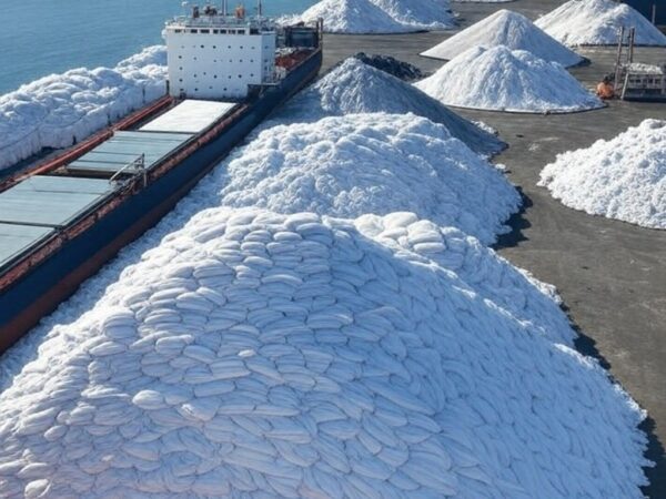 Porto brasileiro com navios descarregando fertilizantes, representando recorde de importações no Brasil em 2025.