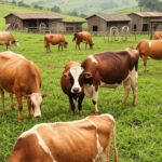 Fazenda de pecuária leiteira em Minas Gerais com vacas pastando e celeiros rústicos.