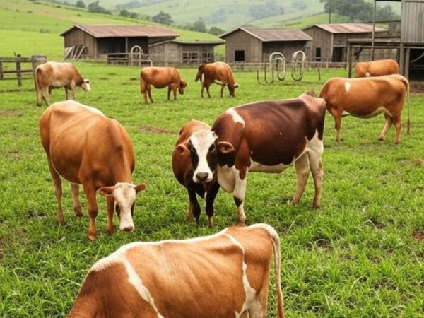 Fazenda de pecuária leiteira em Minas Gerais com vacas pastando e celeiros rústicos.