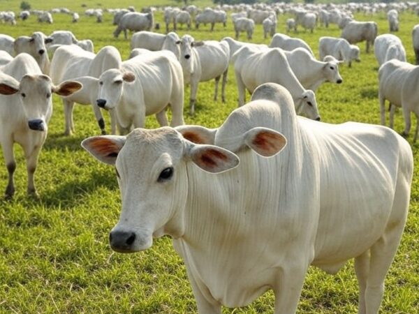 Rebanho de gado Nelore PO em fazenda brasileira, simbolizando abate técnico com 60,5% de rendimento acima da média nacional.