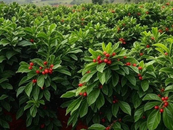 Plantação de café em Minas Gerais com frutos maduros e céu nublado, representando alta na bolsa e preocupações climáticas.