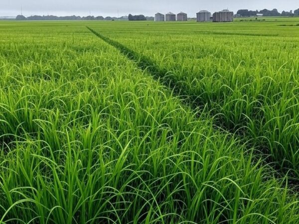 Campos de arroz no Rio Grande do Sul com silos ao fundo, representando mercado lento e oscilações de preços.