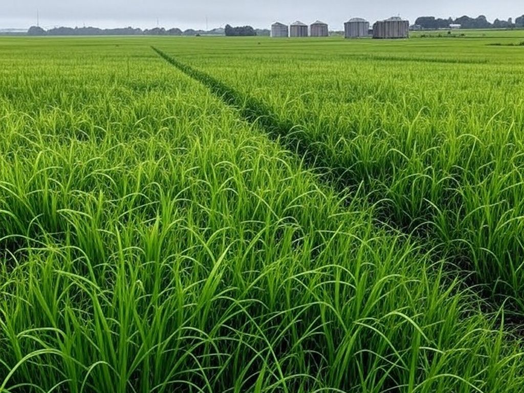 Campos de arroz no Rio Grande do Sul com silos ao fundo, representando mercado lento e oscilações de preços.