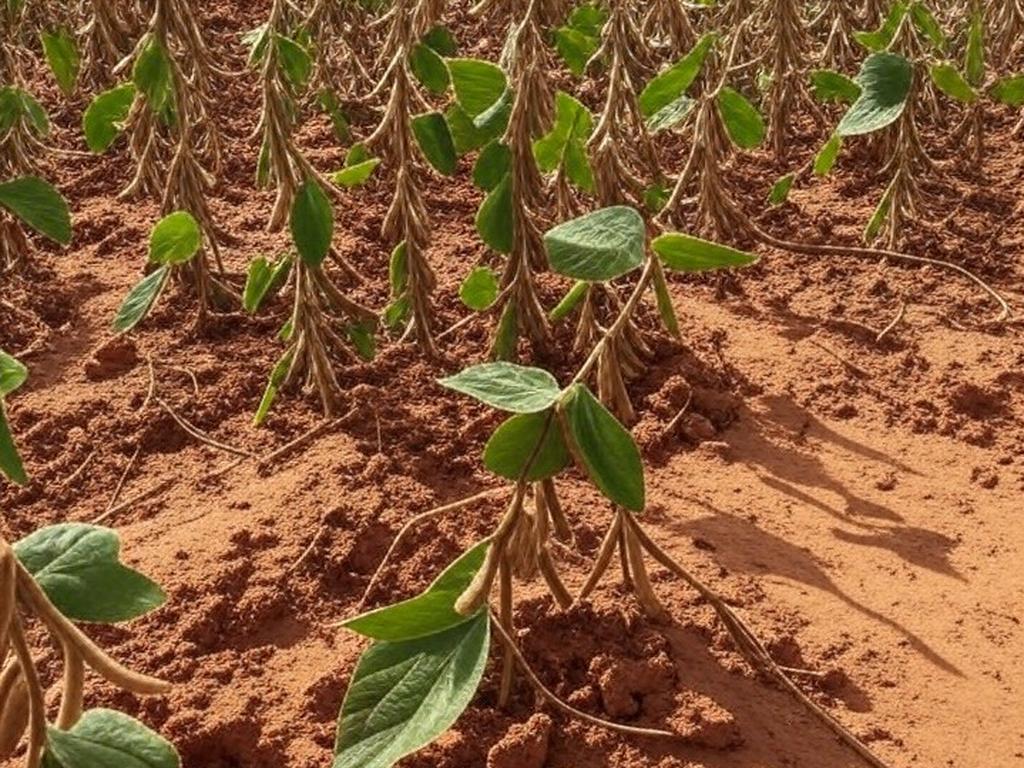 Plantação de soja no Paraná com solo seco devido à seca, em estilo fotojornalístico.
