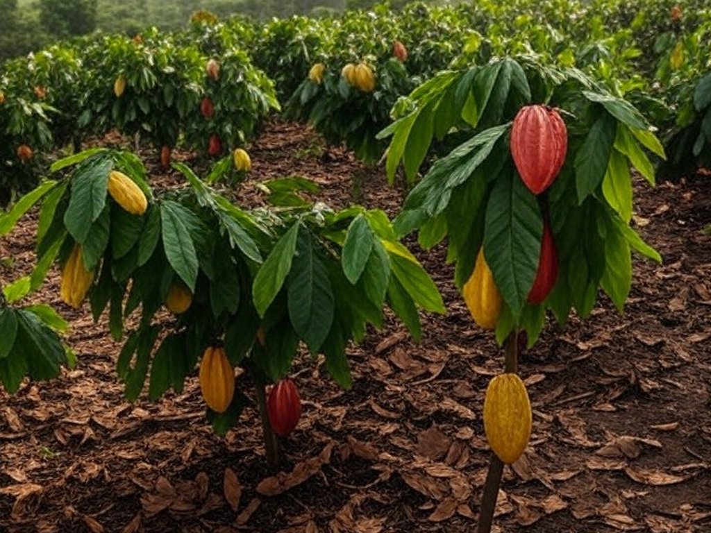 Plantação de cacau no Brasil com frutos maduros, ilustrando queda na moagem e crescimento das exportações.