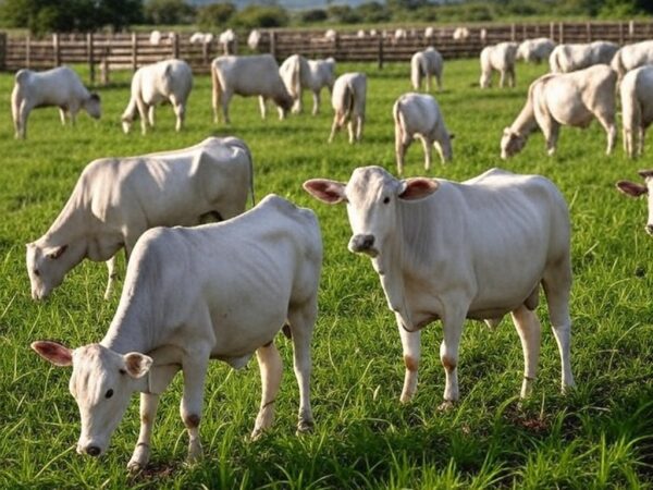 Fazenda de pecuária tropical brasileira com rebanho de vacas e elementos de inseminação artificial em pastagens verdes.