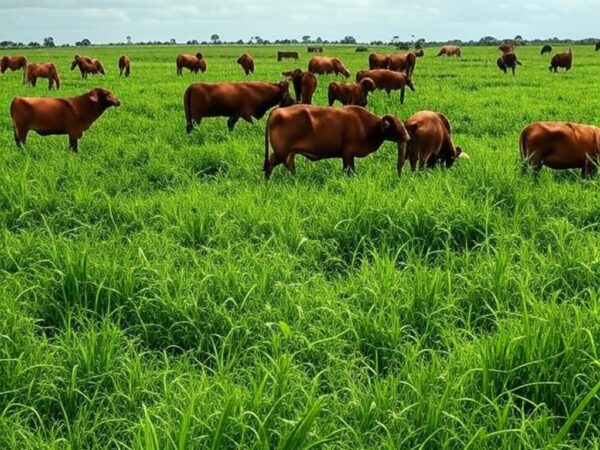 Pastagem verde no Brasil com gado bovino durante período chuvoso, ilustrando manejo para ganho de peso acima de 1 kg/dia.