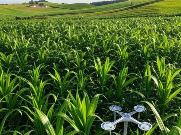 Plantação agropecuária em Santa Catarina com tecnologias modernas como drones e sensores em campos de milho e soja.