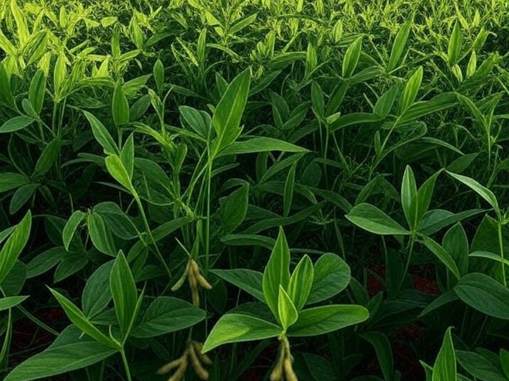 Campo de soja no Brasil com plantas verdes e solo avermelhado, representando projeção de safra recorde.