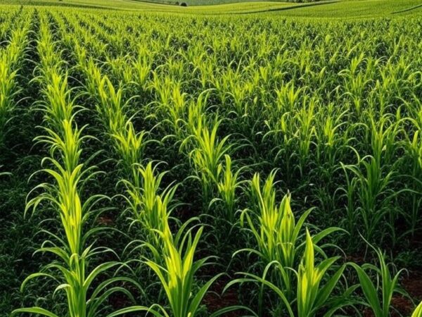 Plantação de milho doce e feijão no interior do Brasil, com múltiplas safras colhidas no mesmo talhão em um ano.