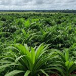 Plantação tropical na Amazônia em Belém, destacando agricultura sustentável para transição climática na COP30.