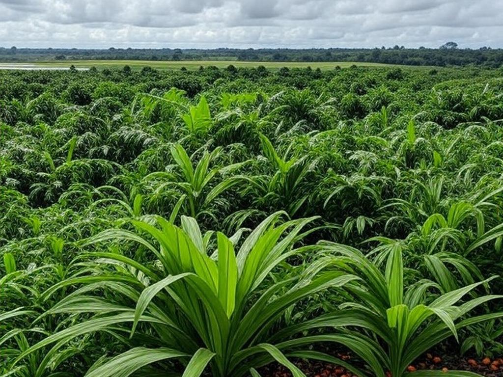 Plantação tropical na Amazônia em Belém, destacando agricultura sustentável para transição climática na COP30.