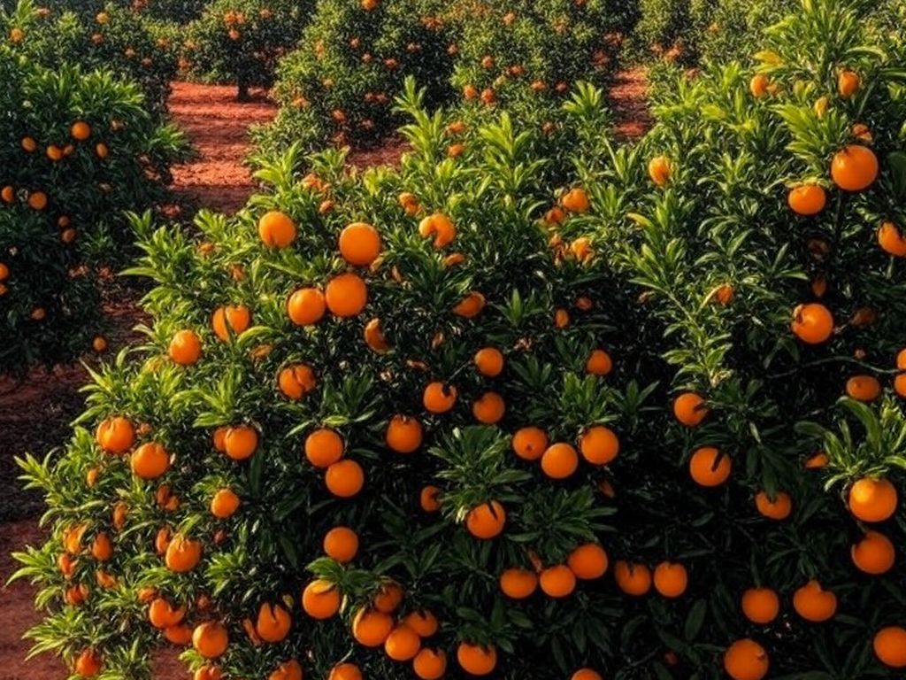 Laranjal brasileiro com frutos maduros, simbolizando ganhos com acordo Mercosul-UE para suco de laranja.