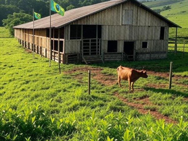 Fazenda brasileira com tanques para material genético animal, simbolizando exportação ao Peru.