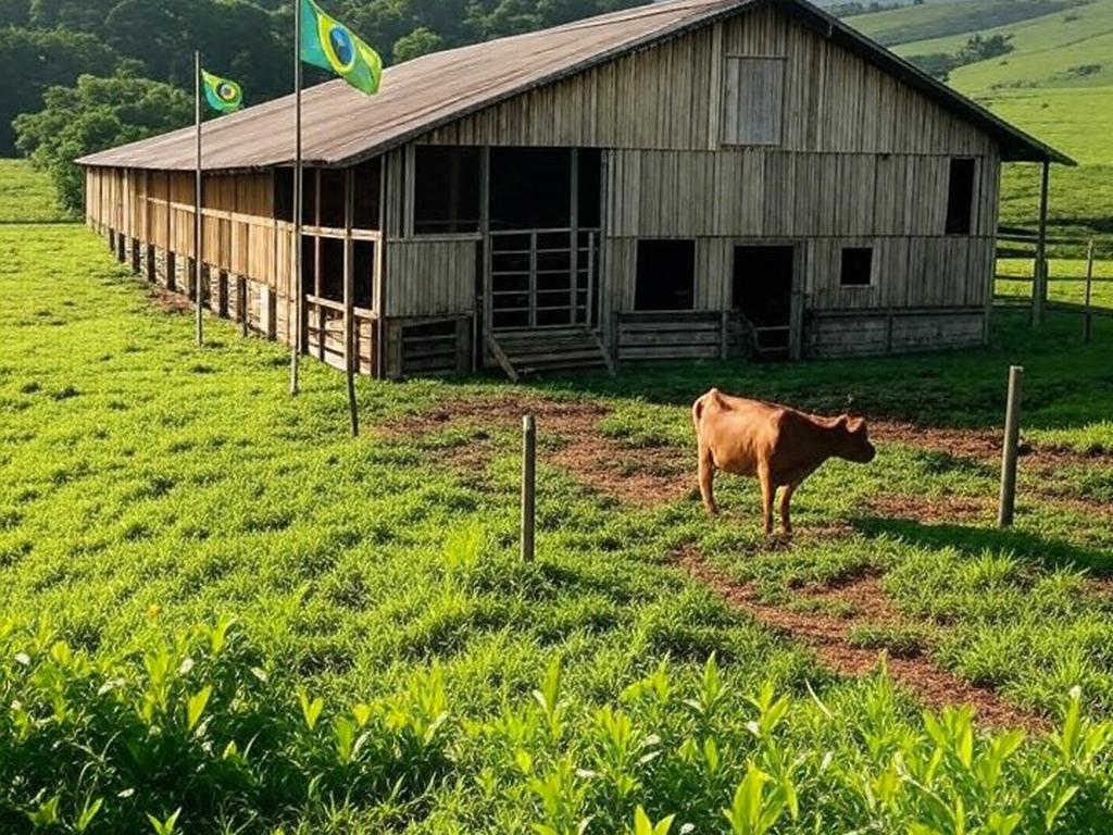 Fazenda brasileira com tanques para material genético animal, simbolizando exportação ao Peru.