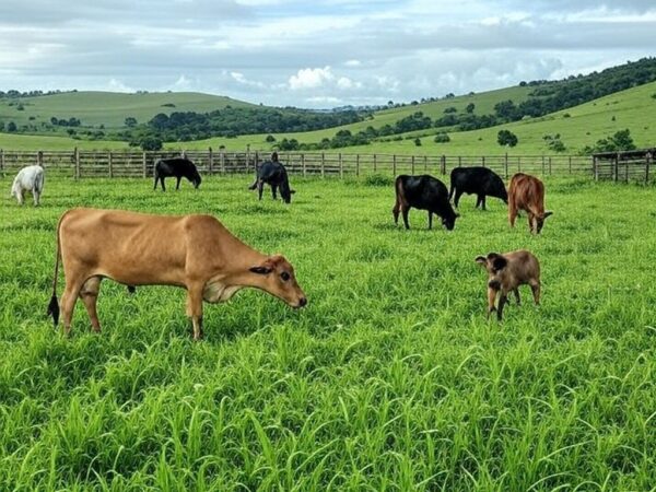Fazenda de gado no Brasil com bois pastando, ilustrando recuo no preço da arroba do boi gordo devido a demanda fraca.