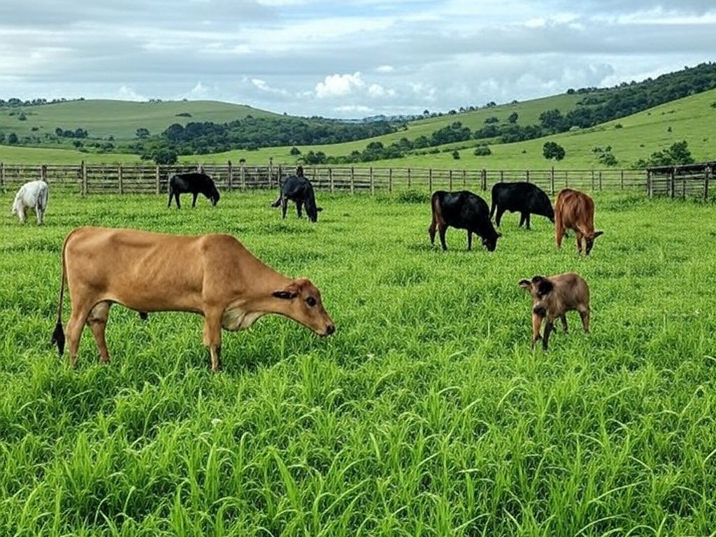 Fazenda de gado no Brasil com bois pastando, ilustrando recuo no preço da arroba do boi gordo devido a demanda fraca.