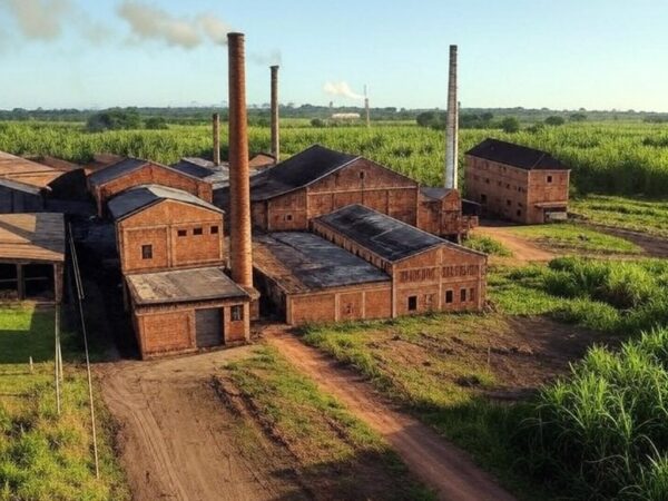 Usina Petribu, a mais antiga usina de cana-de-açúcar do mundo em operação, com estruturas antigas e plantações no Nordeste brasileiro.