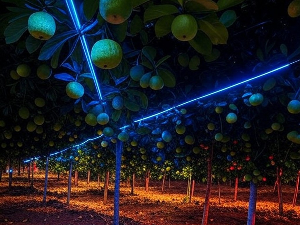 Plantação de goiabas no Brasil com tratamento LED para reduzir perdas em até 40%.
