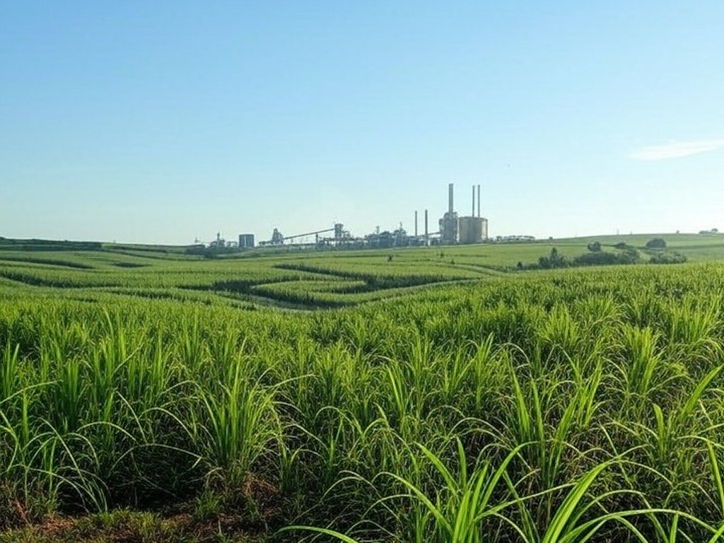 Plantação de cana-de-açúcar no Brasil com usina ao fundo, representando financiamento para biocombustíveis pelo BNDES.