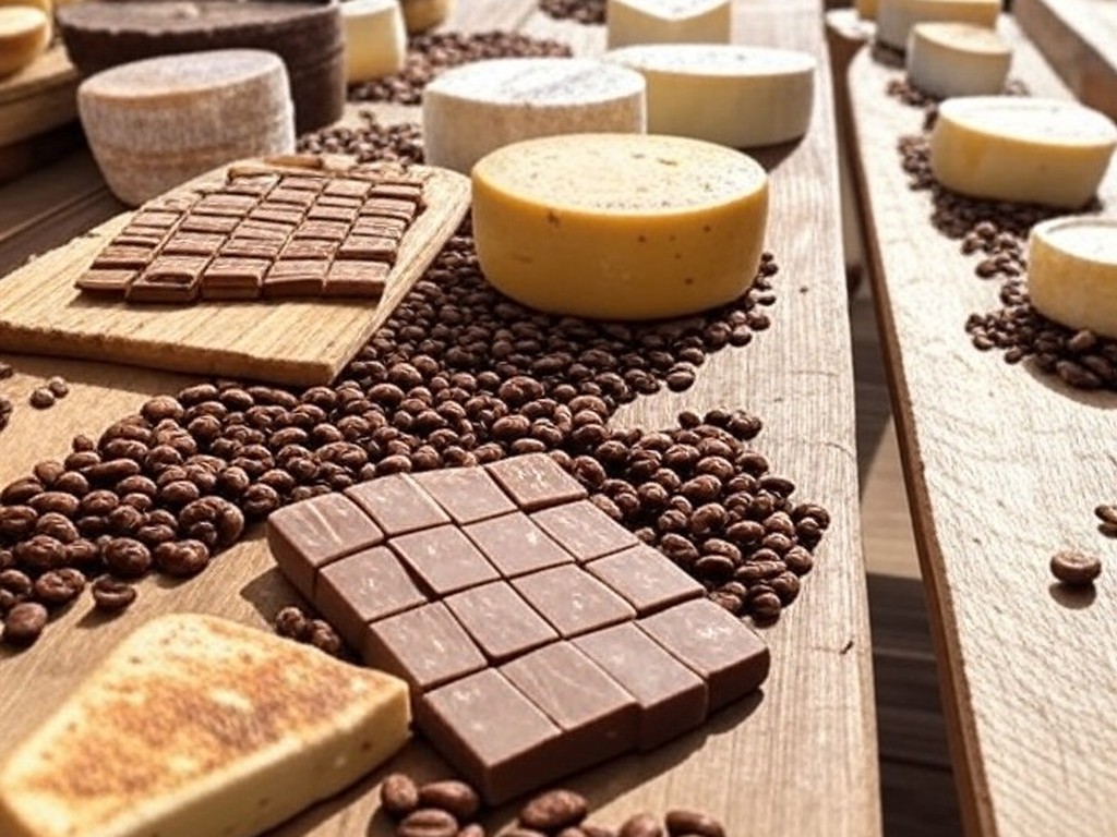 Mesa com queijos, chocolates e cafés artesanais em feira brasileira, representando concursos da CNA para 2026.