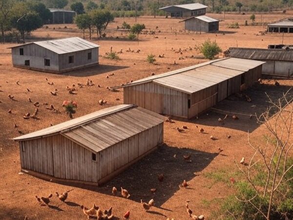 Granja avícola em Mato Grosso com aves, representando caso de gripe aviária H5N1 confirmado pelo Ministério da Agricultura.