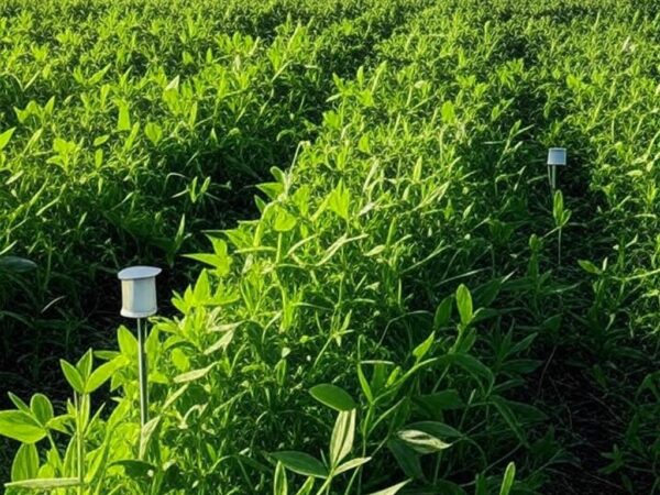 Campo de cultivo agropecuário no Brasil com equipamentos de pesquisa para inovação na Embrapa.