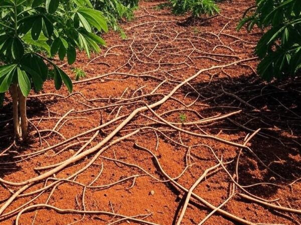 Plantação de mandioca em colheita no Brasil, com preços caindo por baixa demanda industrial.