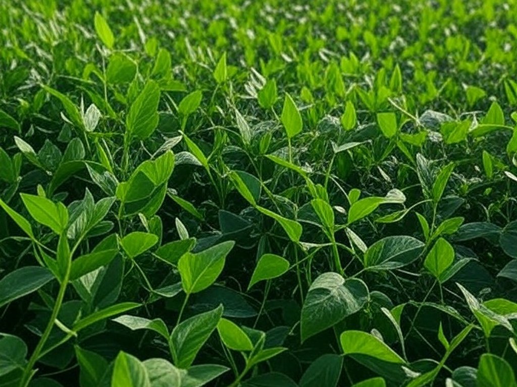 Plantação de soja no Brasil, com campos extensos e silos, representando projeções de exportações para 2026.