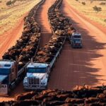 Road train gigante transportando 330 bovinos pela estrada no Outback australiano.