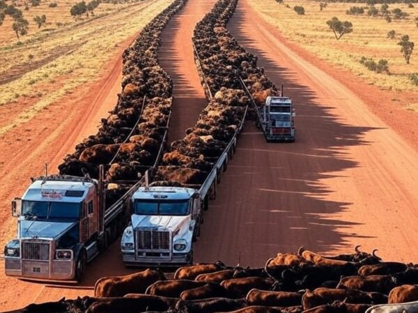 Road train gigante transportando 330 bovinos pela estrada no Outback australiano.