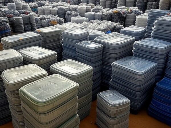 Centro de coleta de embalagens de defensivos agrícolas no Brasil, com pilhas de recipientes recicláveis em galpão rural e lavouras ao fundo.