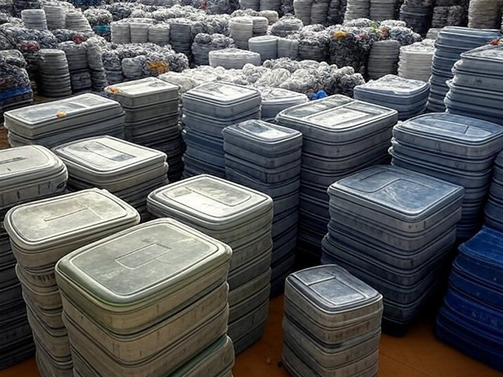 Centro de coleta de embalagens de defensivos agrícolas no Brasil, com pilhas de recipientes recicláveis em galpão rural e lavouras ao fundo.