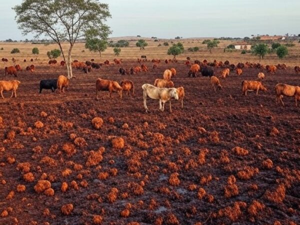 Pastagem sustentável no Cerrado brasileiro com gado bovino, ilustrando investimentos em pecuária para reduzir emissões de metano.
