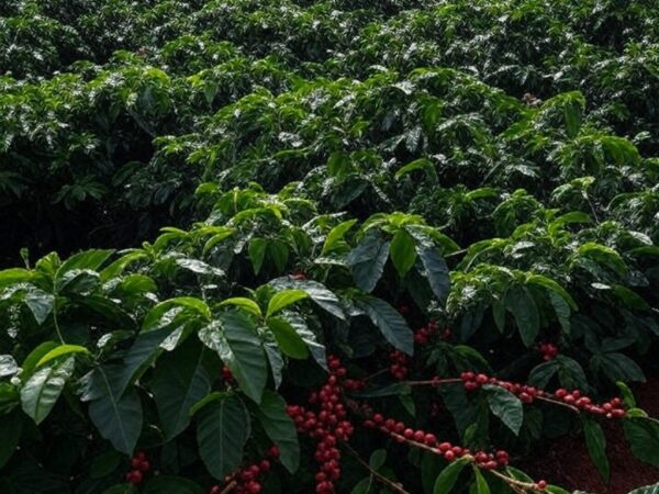 Plantação de café no Brasil com sacas empilhadas, representando exportações projetadas para 2025.