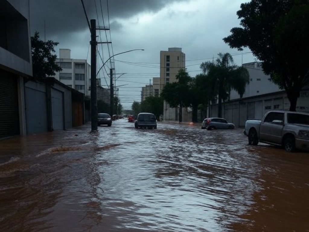 Rua alagada em cidade brasileira por chuvas intensas, com alertas do Inmet para inundações em múltiplas regiões.