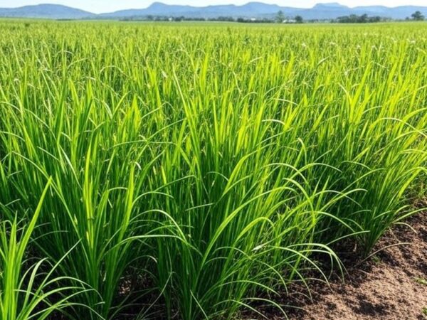 Campo de capim Miyagi na pecuária brasileira, destacando alta produtividade e resistência à seca em paisagem rural.