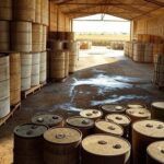 Armazém rural no Brasil com barris de agrotóxicos em campos de soja, destacando riscos ambientais e jurídicos.