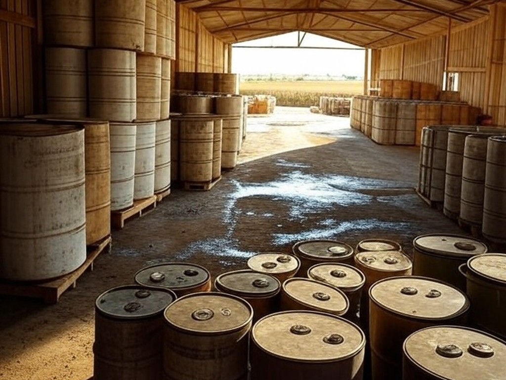 Armazém rural no Brasil com barris de agrotóxicos em campos de soja, destacando riscos ambientais e jurídicos.