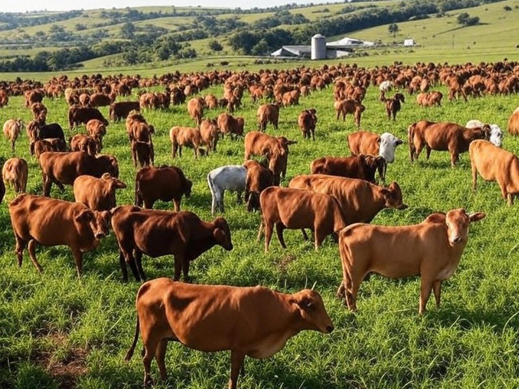 Rebanho de gado em fazenda brasileira, representando exportações de carne bovina apesar de cotas chinesas.