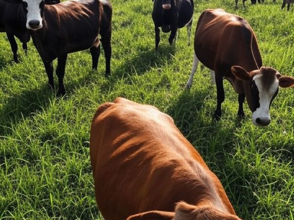 Rebanho de gado leiteiro em fazenda no Brasil, ilustrando novas raças sintéticas para impulsionar produção.