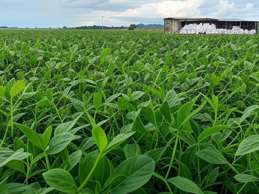 Plantação de soja no Brasil com sacos de fertilizantes, ilustrando queda na demanda e impactos econômicos.
